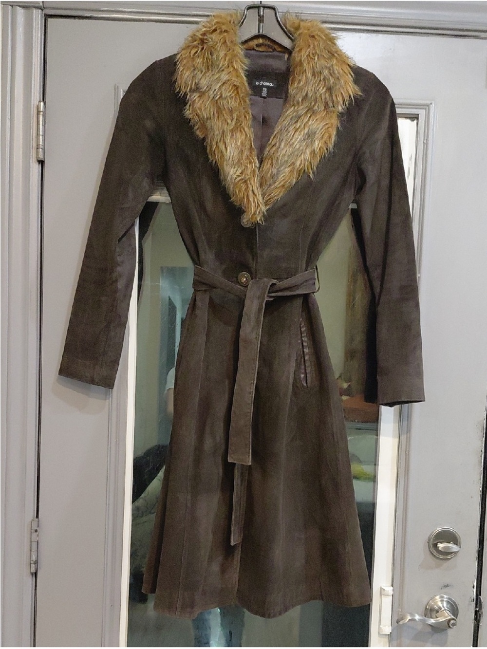 le chateau Brown Suede Trench Coat with Tan Faux Fur Collar